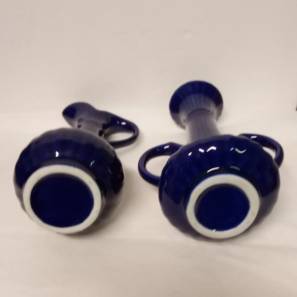 Vintage Cobalt Blue Pitcher Budding Vase Mini C-Handles Floral Pattern 5